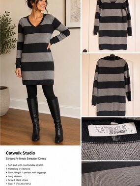 Catwalk Studio Gray & Black Striped V-Neck Sweater Dress